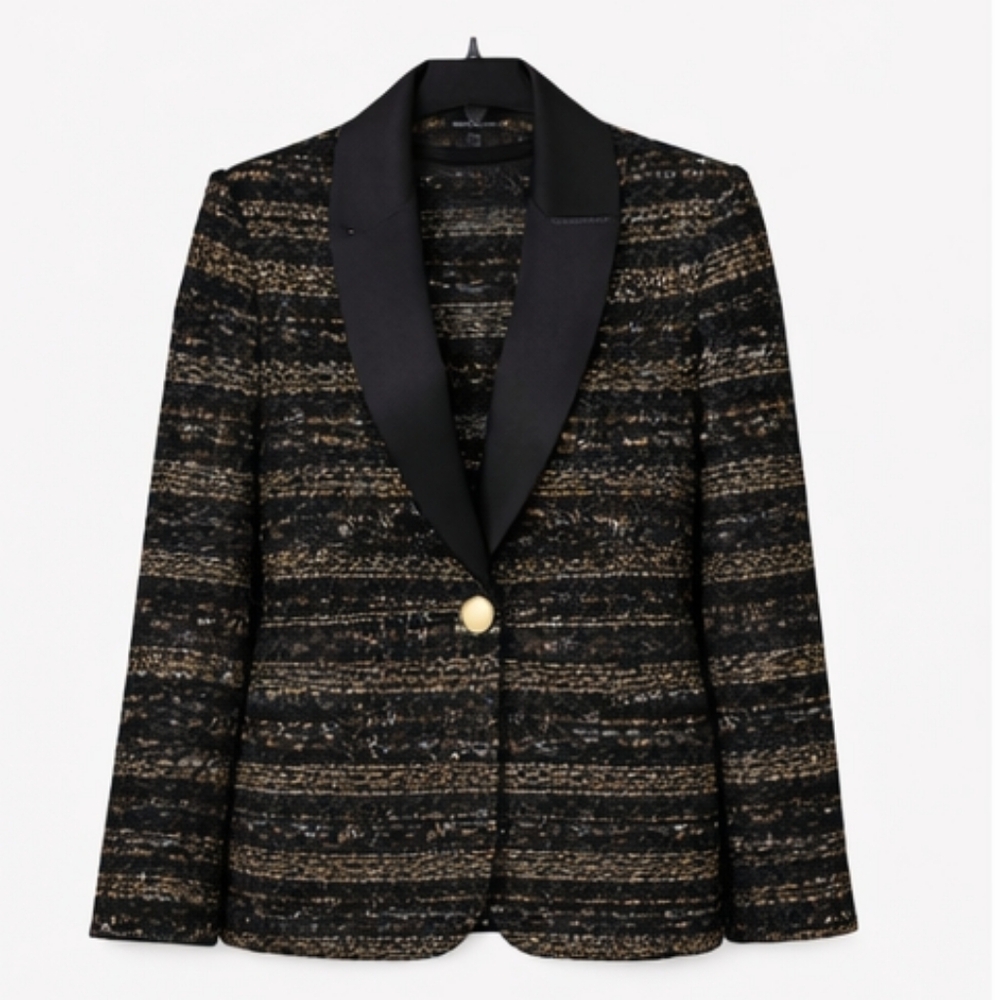 ST JOHN Metallic Knit Jacket Satin Lapels Black Gold Silver 4 S